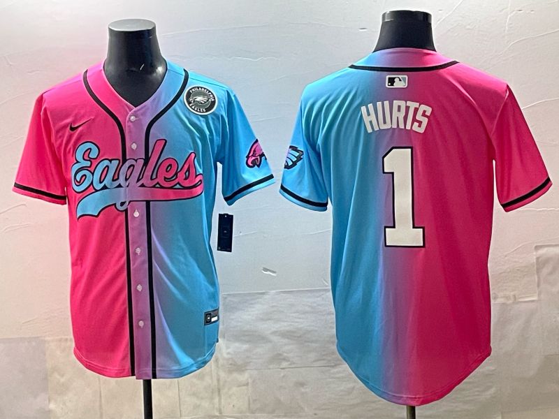 Men 2025 Philadelphia Eagles #1 Hurts Blue pink Nike Limited NFL Jersey style 09